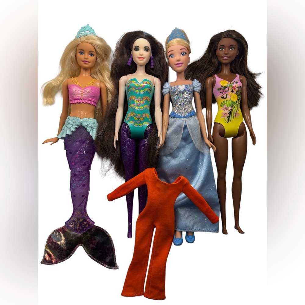 Barbie Bundle Lot: Light-Up Mermaid, Disney Princess, 3 Doll Swim & 70s Outfit